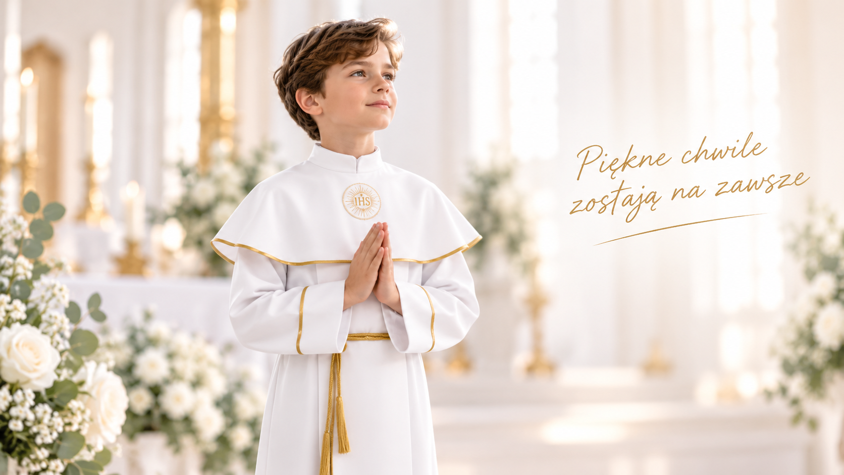 Chłopiec w białym stroju komunijnym